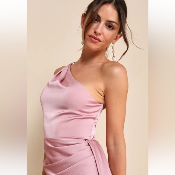 LULUS Signature Elegance Rose Pink Satin One-Shoulder Maxi Dress - Size XS - Picture 2 of 6